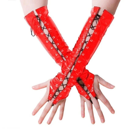 Sexy Long PVC Women Black Red Gloves Ladies Fetish Faux Leather Black Bandage Gloves Clubwear Sexy Cosplay Costumes Night Club