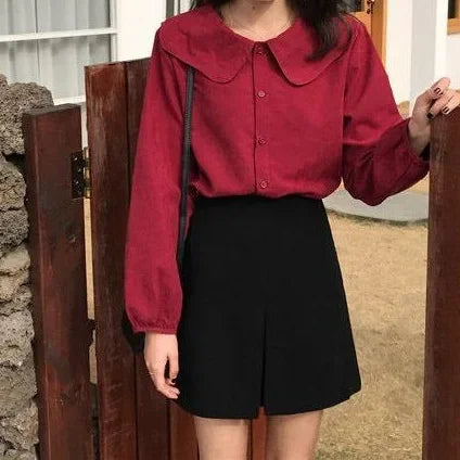 Casual Base Layer Top Autumn Collection Fresh Korean Style Doll Collar New Model Long Sleeve Shirt Women's Top