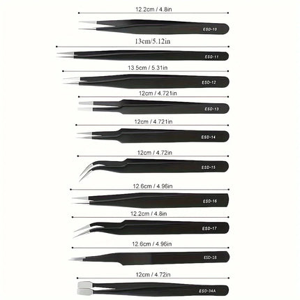 Tweezers Set, 10Pcs Precision Anti-Static Tweezers with Storage Pouch, Stainless Steel Tweezers for Electronics, Jewelry, Craft