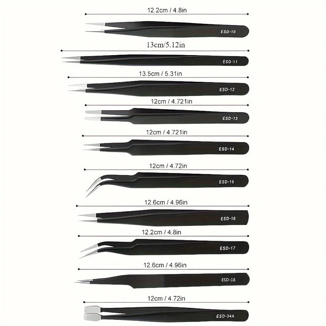Tweezers Set, 10Pcs Precision Anti-Static Tweezers with Storage Pouch, Stainless Steel Tweezers for Electronics, Jewelry, Craft