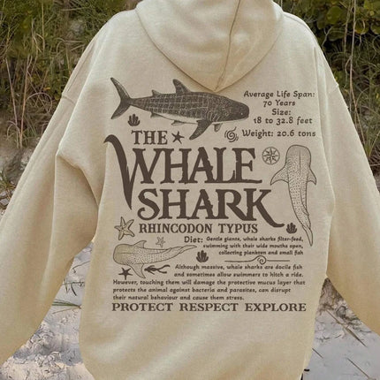 Creative Whale Shark With Letters Print Woman'S Streetwear Soft Trendy Hoodies Solid Color Warm Clothes Loose Hip Hop Hoody