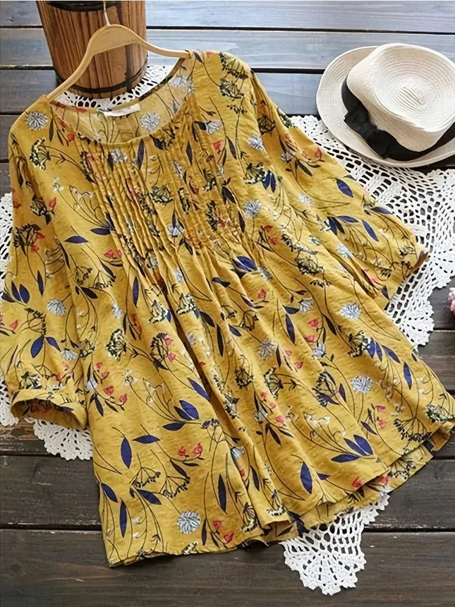 Plus Size 1XL-8XL Women Fashion Floral Printed 3/4 Sleeve Shirt Loose Retro Color Shirt Ladies Blouse Tops