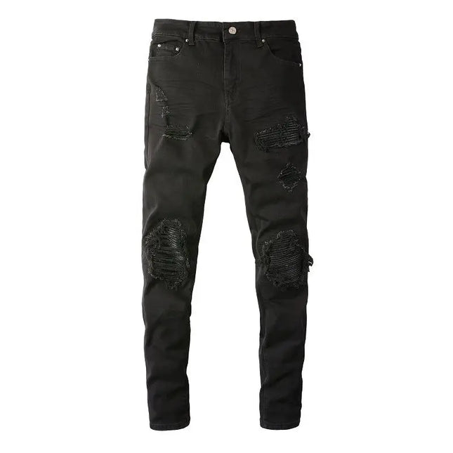 High Street 2025 Korean Luxury Clothing Brand Black Jeans Men's Scratched Patch Beggar Cowboy Elastic Slim Small Foot Pants