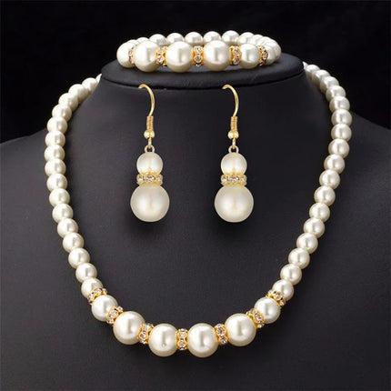 3 In1 Set Elegant Simulated Pearl Necklace Earrings Bracelet Long Necklace Women Bridal Wedding Jewelry Gift Beautiful Jewelries