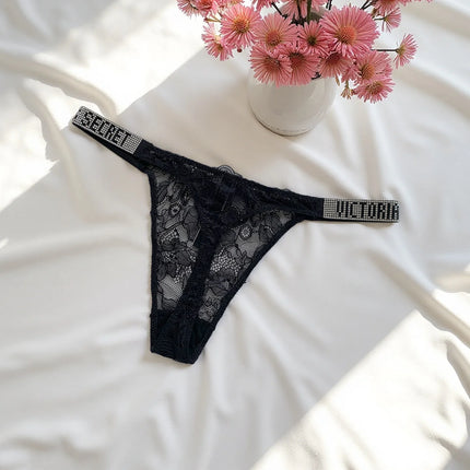 2025 New Satin Letter Rhinestone G-String Women Underwear Sexy Lace Lingerie Low Waist Seamless Panties Panties