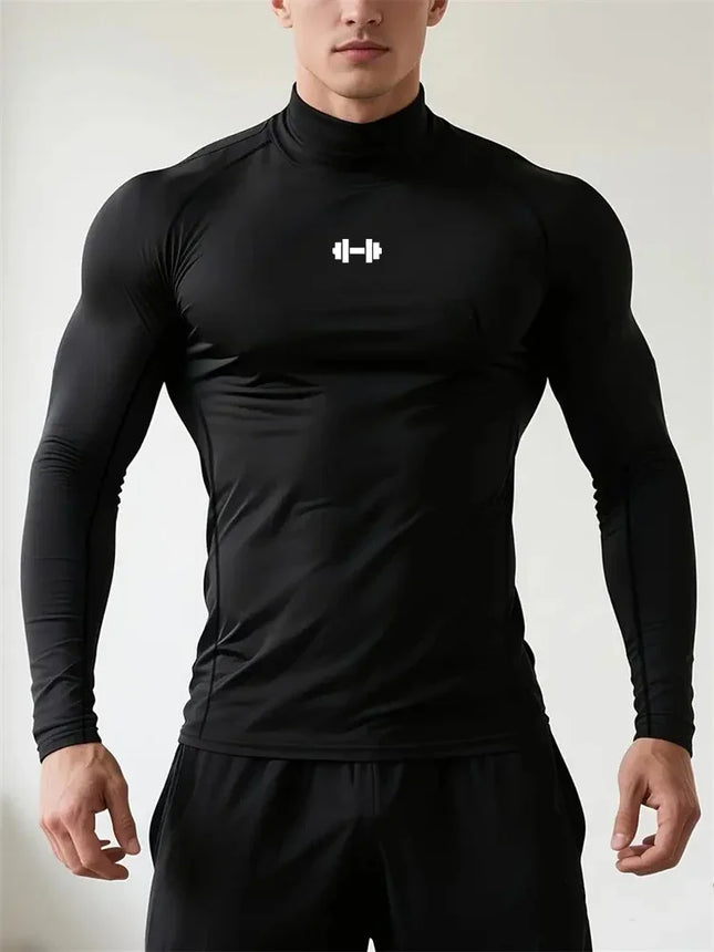 Men's Geometric Print Compression Shirt Quick-Drying Breathable Gym Workout T-Shirt Stretch Turtle Neck Training T-Shirt Tops