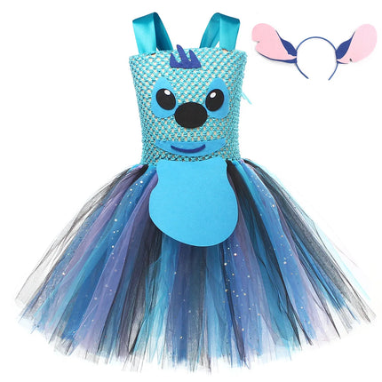 Baby Girls Stitch Cosplay Costume Alien Cartoon Animal Fancy Tutu Dress  Halloween Carnival Party Outfit with Ears Hairbow