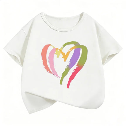 Colorful Love Heart Fashion Crew Neck Short Sleeve T Shirts Kids Children's T-shirt Boys Girls Summer Spring Casual Top Tee