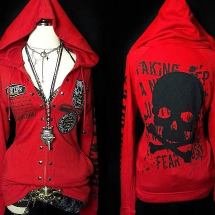 Slim Fit Punk Rock Dark Harajuku Long Sleeve Hoodie Jacket Skeleton Letter Waist Cinched Open Cardigan Spicy Girl Street Style