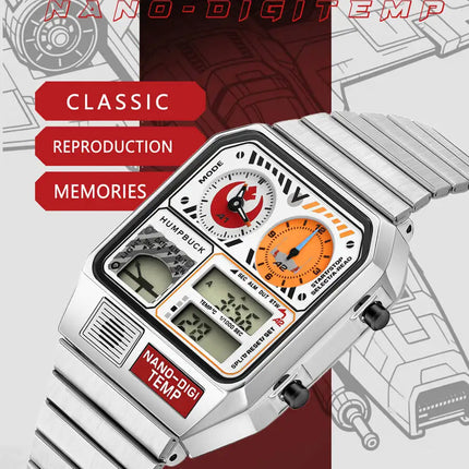 HUMPBUCK DIGITEMP Classic Design Stainless Steel Watches for men with LED Digital Display and Temperature Calendar