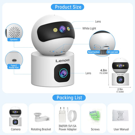 Lenovo 4K PTZ WiFi Camera Dual Lens Home Indoor CCTV Surveillance Camera Auto Tracking Security Protection Smart Baby Monitor