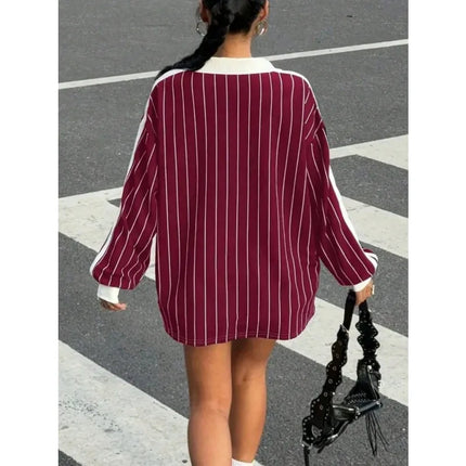 Plus Size 1XL-5XL Women's Casual Striped Letter & Number Print Athletic Polo Collar Long Sleeve T-Shirt Drape Tops