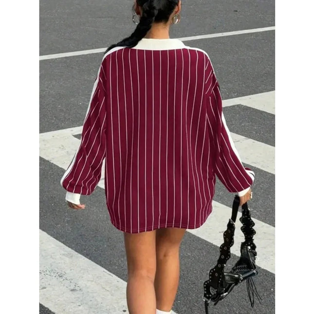 Plus Size 1XL-5XL Women's Casual Striped Letter & Number Print Athletic Polo Collar Long Sleeve T-Shirt Drape Tops