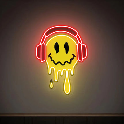 Happy Face Neon Sign Melting Happy Face With Headphone Neon UV Printing Acrylic Sign Bedroom Game Room Bar Art Wall Decor Kids G
