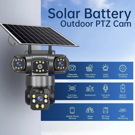 15MP IP Wifi Camera Wireless Solar Camera PTZ 3 Lens Outdoor Waterproof 10X Zoom Night Vision PIR Human Detect Security Camera