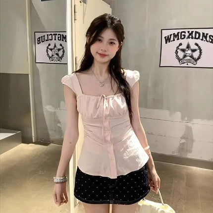 Pure Desire Pink Square Collar Short Sleeve Women's Shirt Summer Slim Fit Sweet And Spicy Girl High End Versatile Casual Waist C