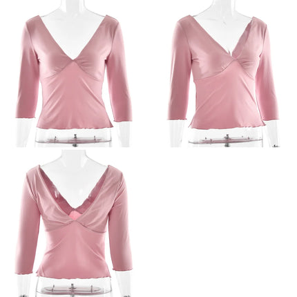 Absobe Women Sexy Deep V Half Sleeve T-shirt Backless Side Split Slim Solid Color 2026 Spring Summer Casual Top Streetwear