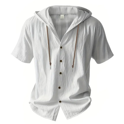Summer Men's Hooded Cotton Linen Shirt Solid Color Breathable Lightweight Short Sleeve Drawstring Design Tees Male Casual Tops