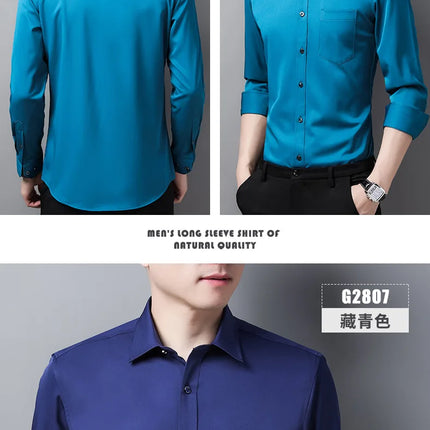6XL Men Shirt Long Sleeve Slim Fit Luxury Smooth Soft Anti-wrinkle Non-ironing Solid Color Ice Silk Shirts Men Long Sleeve