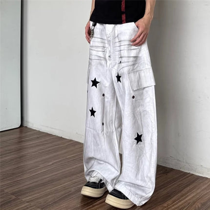 2026 Autumn High Street Fashion Y2K Baggy Straight Jeans For Men Star Graphic Printed Distressed Multi-Pocket Cargo Denim Pants