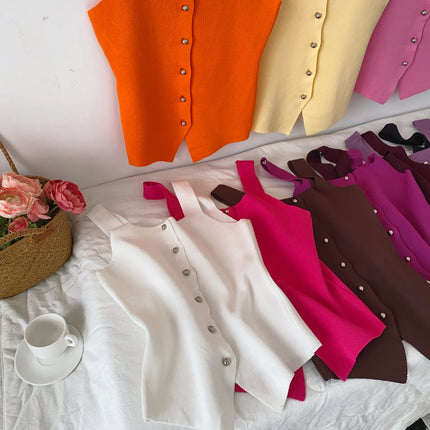 Women's Knitted Slim Fit Vest Summer 2025 Svel Top Single Button Design Versatile Inner and Outer Wear Commute Sle