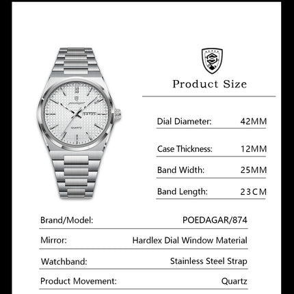 POEDAGAR Original Men's Watch Date Week Waterproof Luminous Stainless Steel Watches For Men Business Men's Quartz Wristwatch Reloj