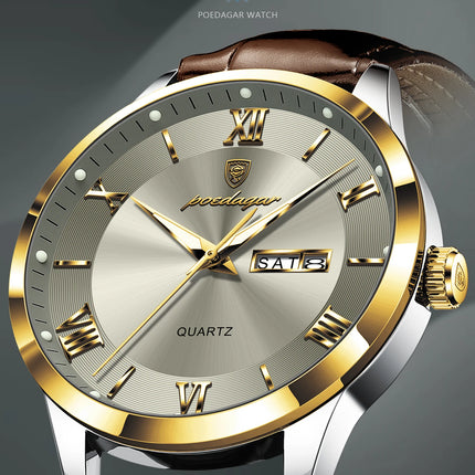 POEDAGAR Original Luxury Men's Wristwatch Leather Date Week Quartz Fashion Men Watch Waterproof Luminous Classic Watches For Men