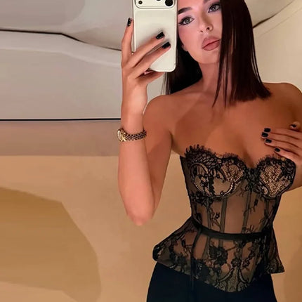 Sexy Women's Lace Fishbone Bandage Vest Slim Strapless Backless Female Corset 2026 Spring Summer Lady Chic Beach Party Tops