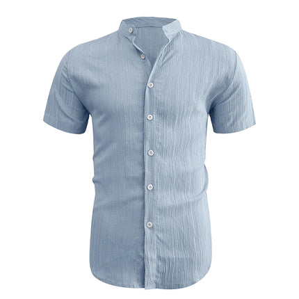2026 New Men Vertical Wrinkle Textured Mandarin Collar Short Sleeve Button Shirt Loose Fit Summer Beach Travel Daily Casual Top