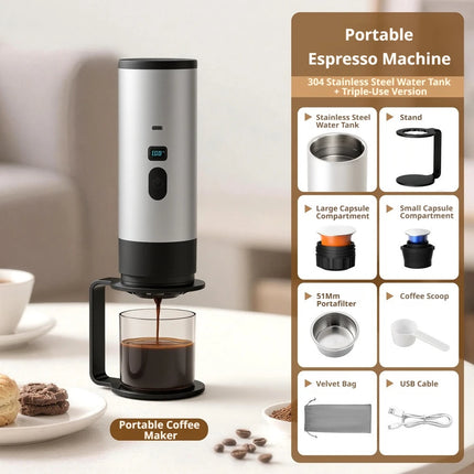 2026NEW Upgrade Portable 3-in-1 Espresso Maker 51mm filter Basket, Rechargeable, for Nespresso/DolceGusto/Ground, Camping Travel