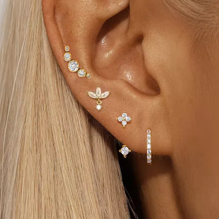 4PCS Zircon Heart Moon Flower Small Hoop Earrings Set For Women Stainless Steel Huggies Pendant Piercing Earrings Jewelry Aretes