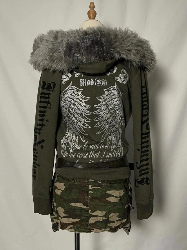 American retro vintage workwear style letter fur collar Gothic punk cardigan hoodie autumn and winter zipper cardigan jacket emo