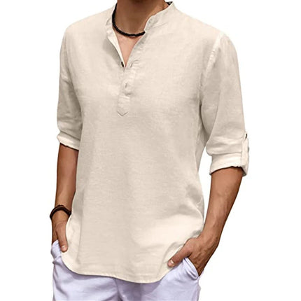 New Men's Linen Long Sleeve V-neck T Shirt Solid Color Oversize Casual Shirt Cotton Shirt Plus Size Yoga Button Shirts for Men