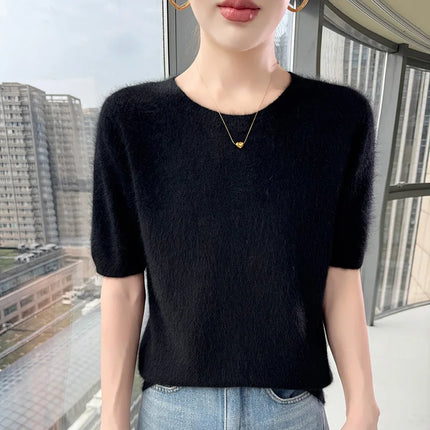 New Knitted Women's 100% mink cashmere short sleeved sweater T-shirt Simple and versatile Women's O-neck pullover FRSEUCAG brand
