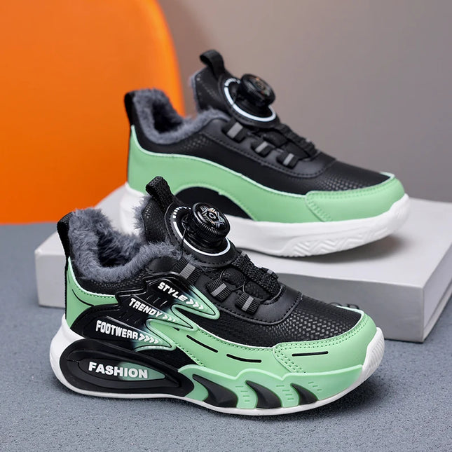 Children Sports Shoes New Rotating Buckle Winter Plush Warm Walking Shoes Boys Non Slip Lightweight Outdoor Running Tennis Shoes