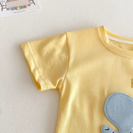 2026 New Summer Kids Clothes Cute Cartoon Patch Short Sleeve T-shirt 0-5Y Girls Boys Letter Print Casual Soft Undershirt