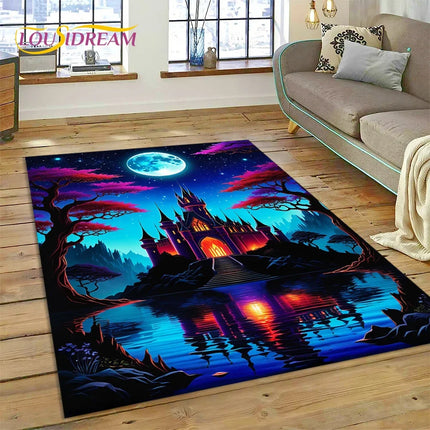 Dream Fairy Tale Castle Mysterious Gothic Cartoon Carpet Rug for Living Room Bedroom Home Sofa, Kid Area Rug Non-slip Floor Mat