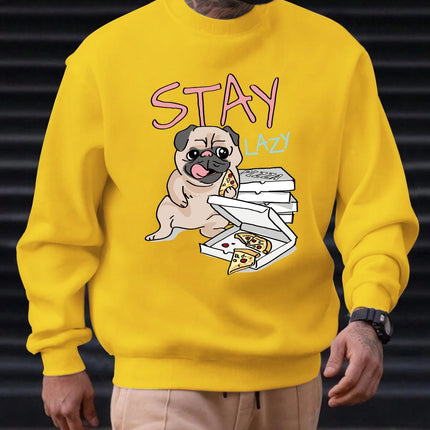 2025 Men's Sweatshirt "STAY LAZY" Pug & Pizza Graphic Chill Streetwear Trendy Soft Relaxed Funny Comfortable Daily Pullover