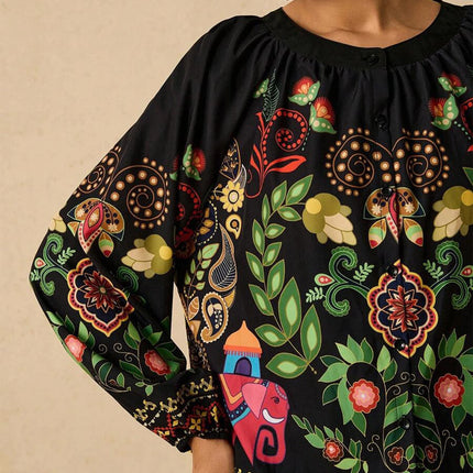 Plus Size Bohemian Ethnic Print Top Puff Sleeve Elegant Non-Stretch Woven Tops for Women Office Commute Party Gathering 