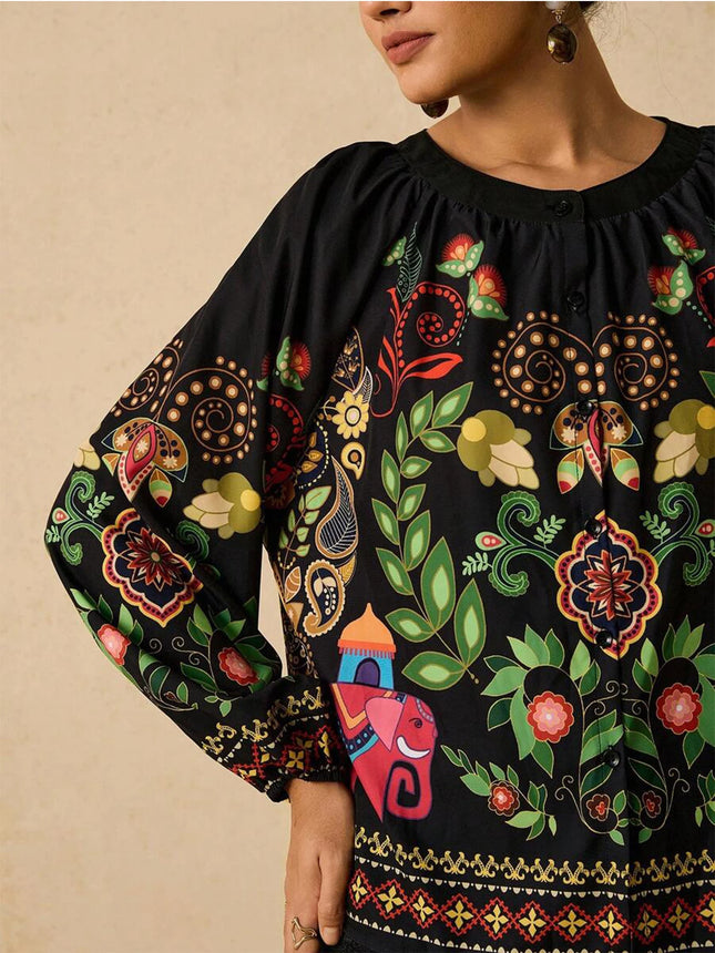 Plus Size Bohemian Ethnic Print Top Puff Sleeve Elegant Non-Stretch Woven Tops for Women Office Commute Party Gathering 