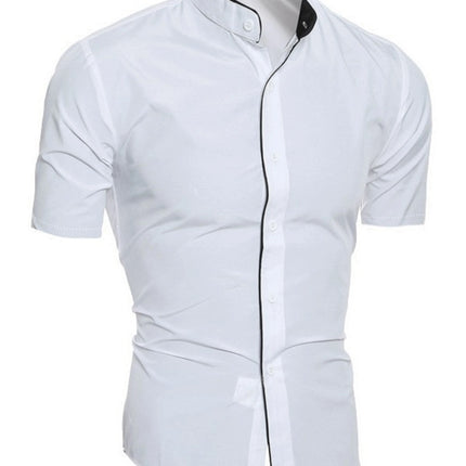Men's summer short-sleeved casual fashion shirt, comfortable and breathable slim men's solid color stand-up collar top