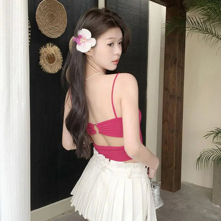New Women's Tank Tops: Sexy Hollow Back Camisole with Chest Pad, Summer Basic Elastic Tank Top, One-Piece Vest, Casual Short Crop Tops