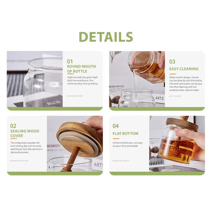 Wide Mouth Glass Storage Bottles with Dipper And Lid - Honey Jars And Syrup Dispenser Containers for Storing Honey And Syrup