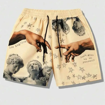 European and American men's summer luxurious statue print comfortable breathable drawstring shorts outdoor vacation casual pants