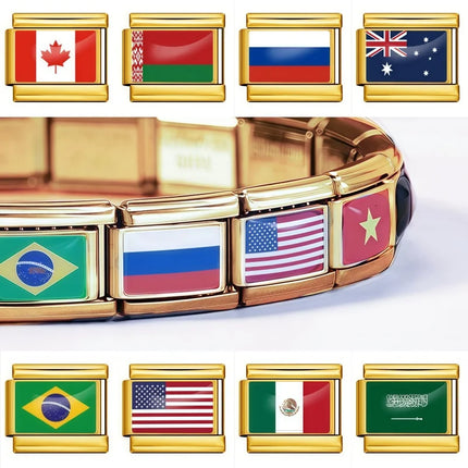 World Flag Range National Flag Bracelet Golden Module Italian Bracelet Charm Links Fit 9mm Stainless Steel DIY Making Jewellry