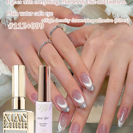 Icy Clear White Cat Eye Nail Polish Gel, French Porcelain White with Glitter and Glass Bead Outline, Cat Eye Nail Art Gel