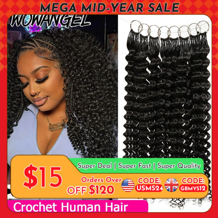 Deep Wave Crochet Human Hair For Braiding Curly Invisible Knot Pre Separated Knotless Crochet Human Hair Extensions With String
