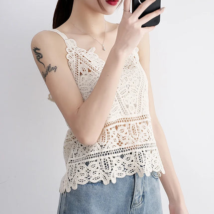 Simple Lace Hollow out Tank Top Women's Korean Sle Summer Outerwear Hoodie ort Sve Commute Sle  Color