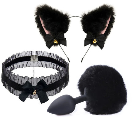 Female Male Erotic Cosplay Accessories of Cute Fox Tail Anal Plug with Soft Bow-Knot Cat Ears Headbands Collar for SM Sex Toys