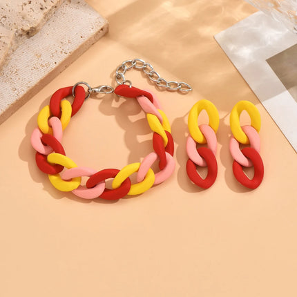 Vintage And Fashionable Acrylic Contrasting Chain Women's Earrings And Bracelet Set, Beautiful Wedding Party Jewelry
